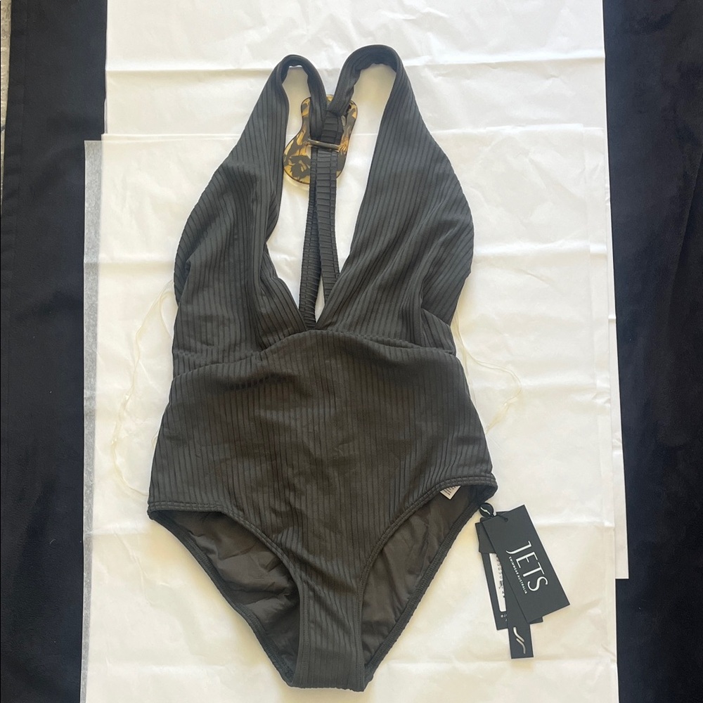 NWT JETS Australia “Ambrosia Forest” Olive Green Ribbed Deep V- Neck Swimsuit